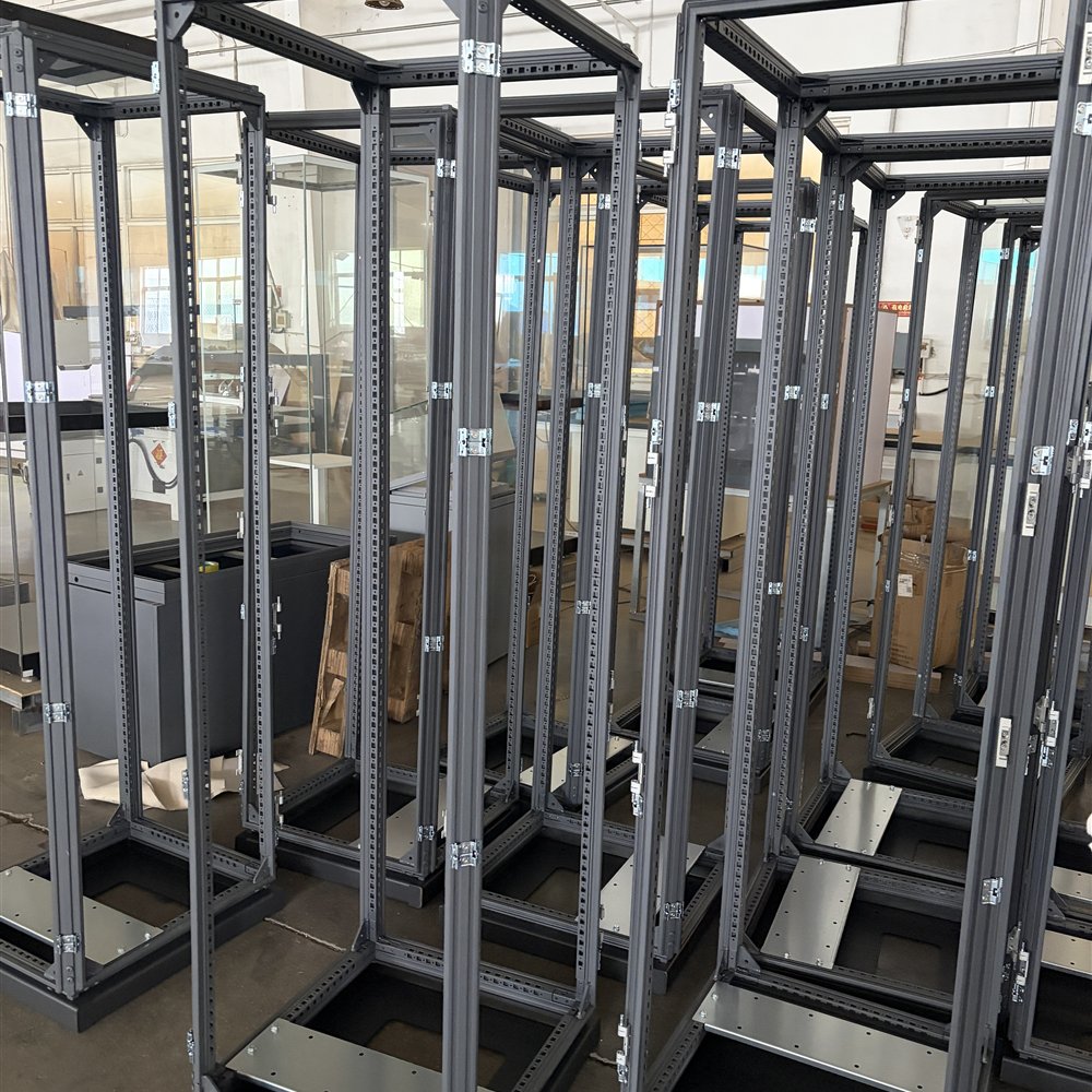 Multiple assembled cabinet frames on the production floor
